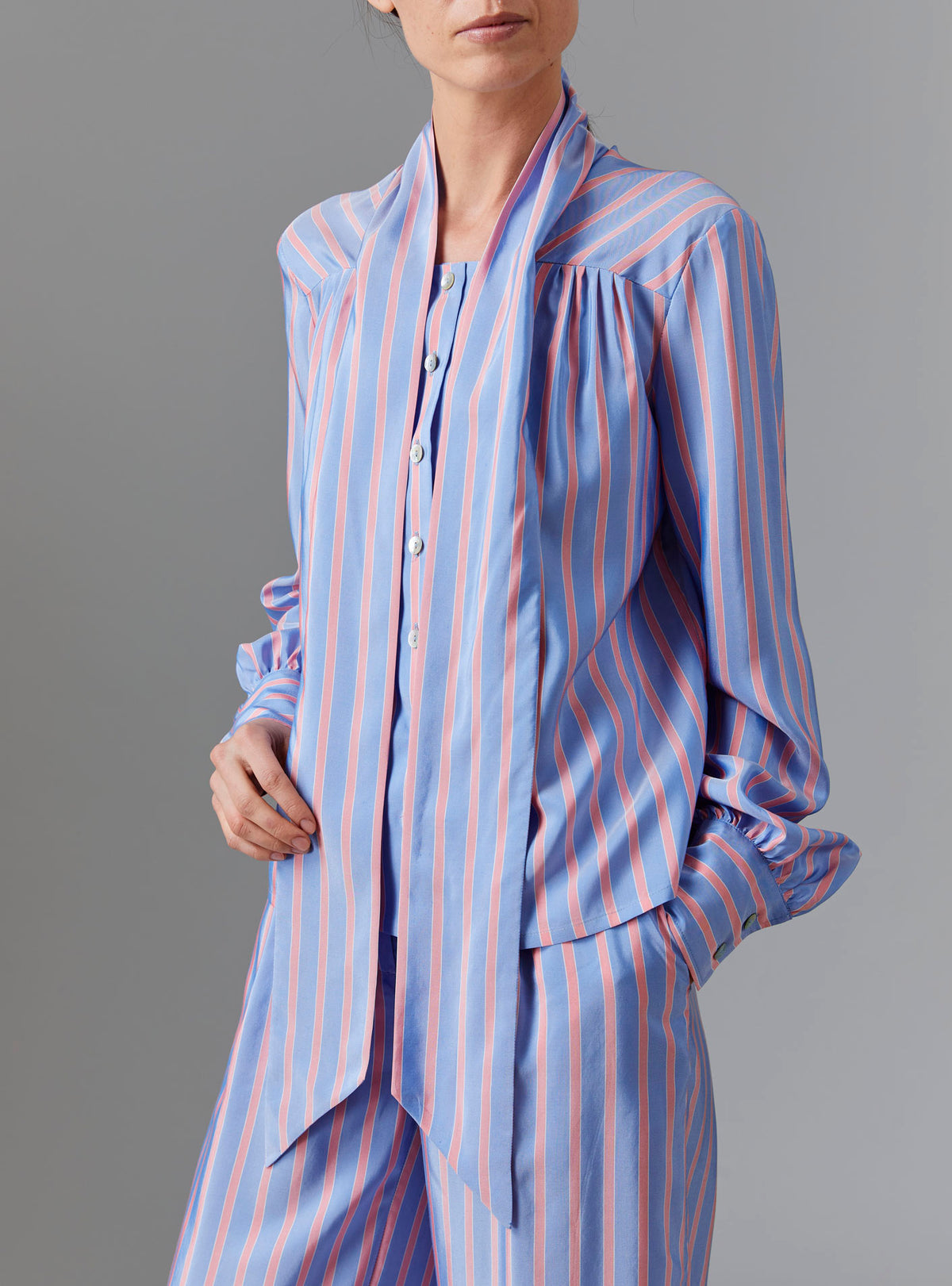 Front view of Alba Blouse with untied collar - Heaven Blue/Pink Silk Road Stripes by Thierry Colson