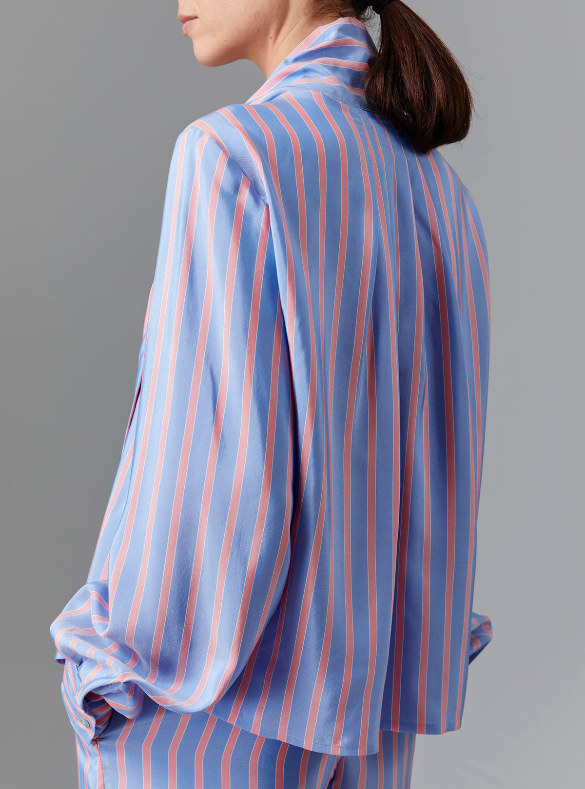 Back view of Alba Blouse - Heaven Blue/Pink Silk Road Stripes by Thierry Colson