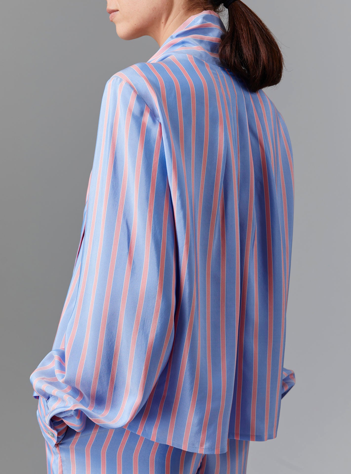 Back view of Alba Blouse - Heaven Blue/Pink Silk Road Stripes by Thierry Colson