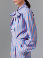 Side view of Alba Blouse - Heaven Blue/Pink Silk Road Stripes by Thierry Colson