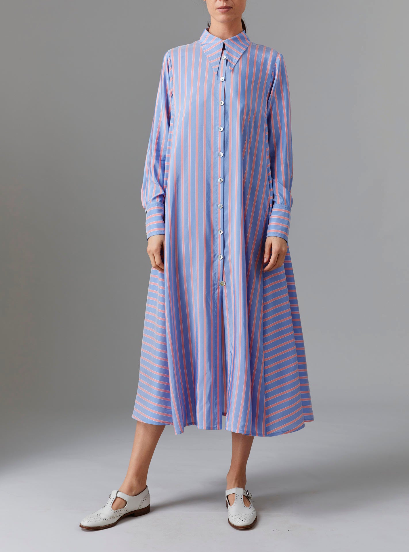 Front view of Alceste Dress - Heaven Blue/Pink Silk Road Stripes by Thierry Colson