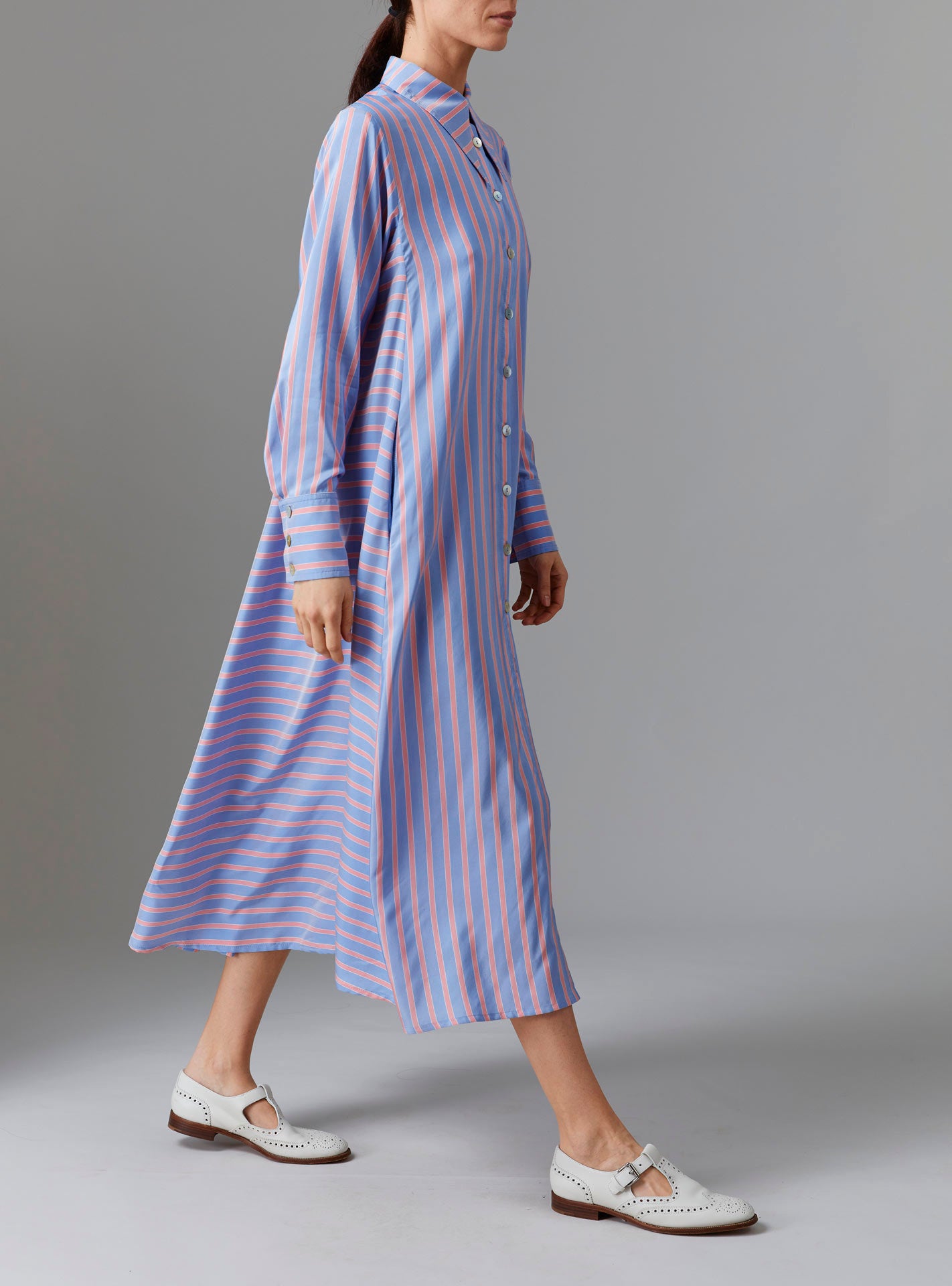 Side view of Alceste Dress - Heaven Blue/Pink Silk Road Stripes by Thierry Colson