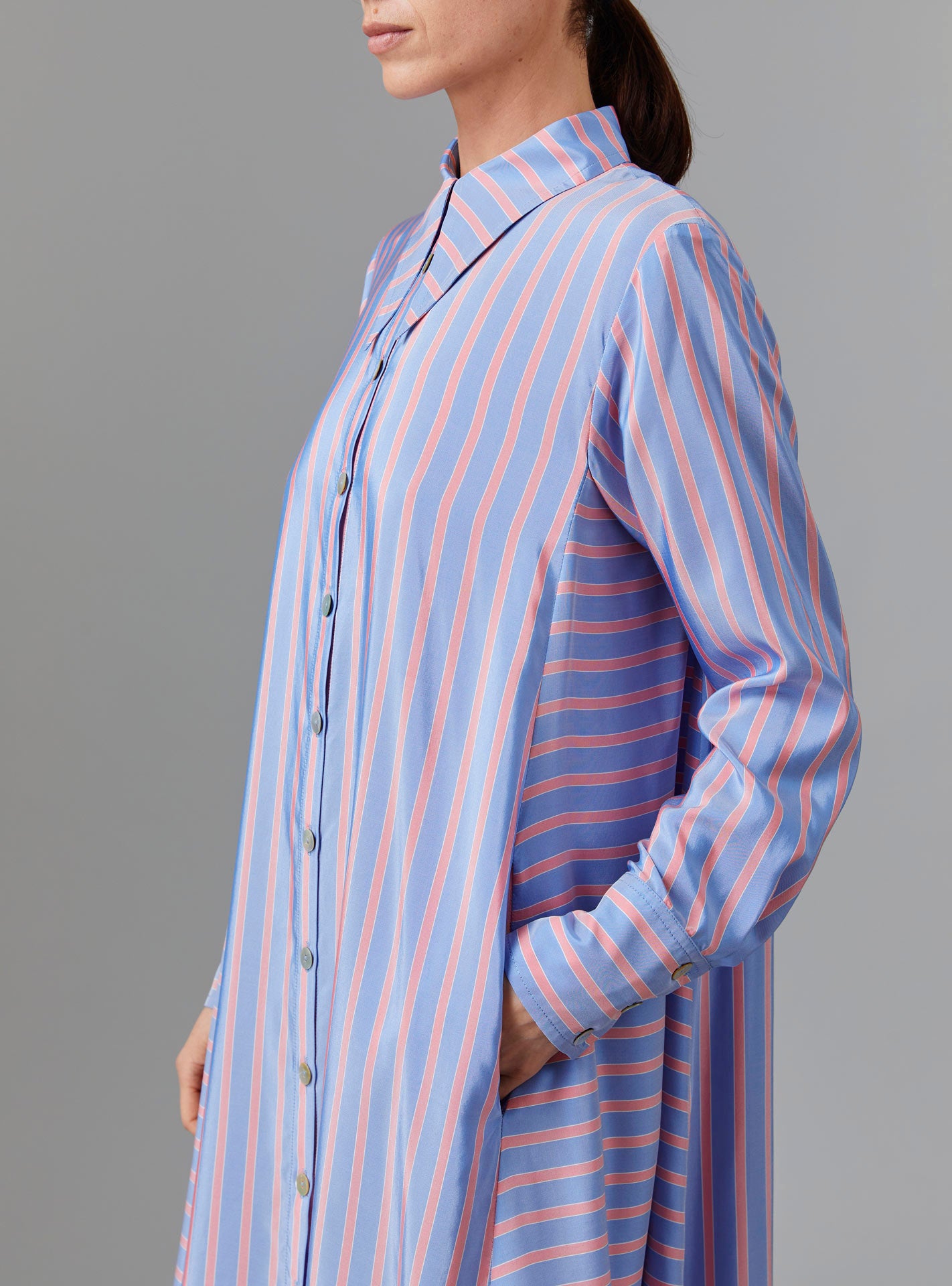 Close view of Alceste Dress - Heaven Blue/Pink Silk Road Stripes by Thierry Colson