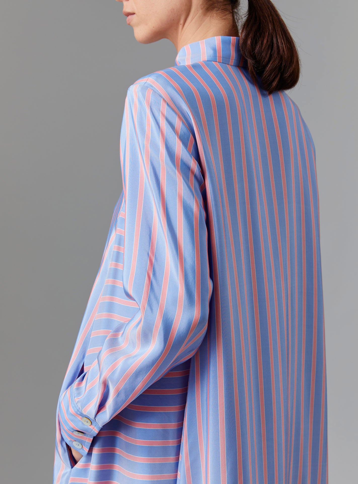 Back detail of Alceste Dress - Heaven Blue/Pink Silk Road Stripes by Thierry Colson