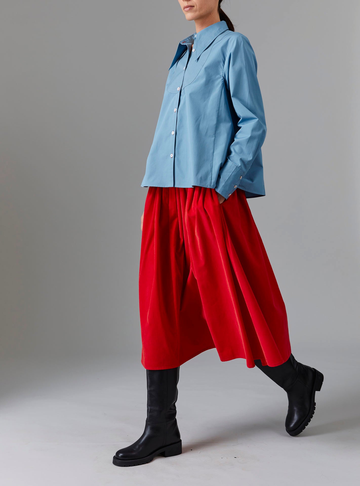 Alcide Ice Blue Shirt - Topstitching Poplin  & Zazou Red Skirt by Thierry Colson