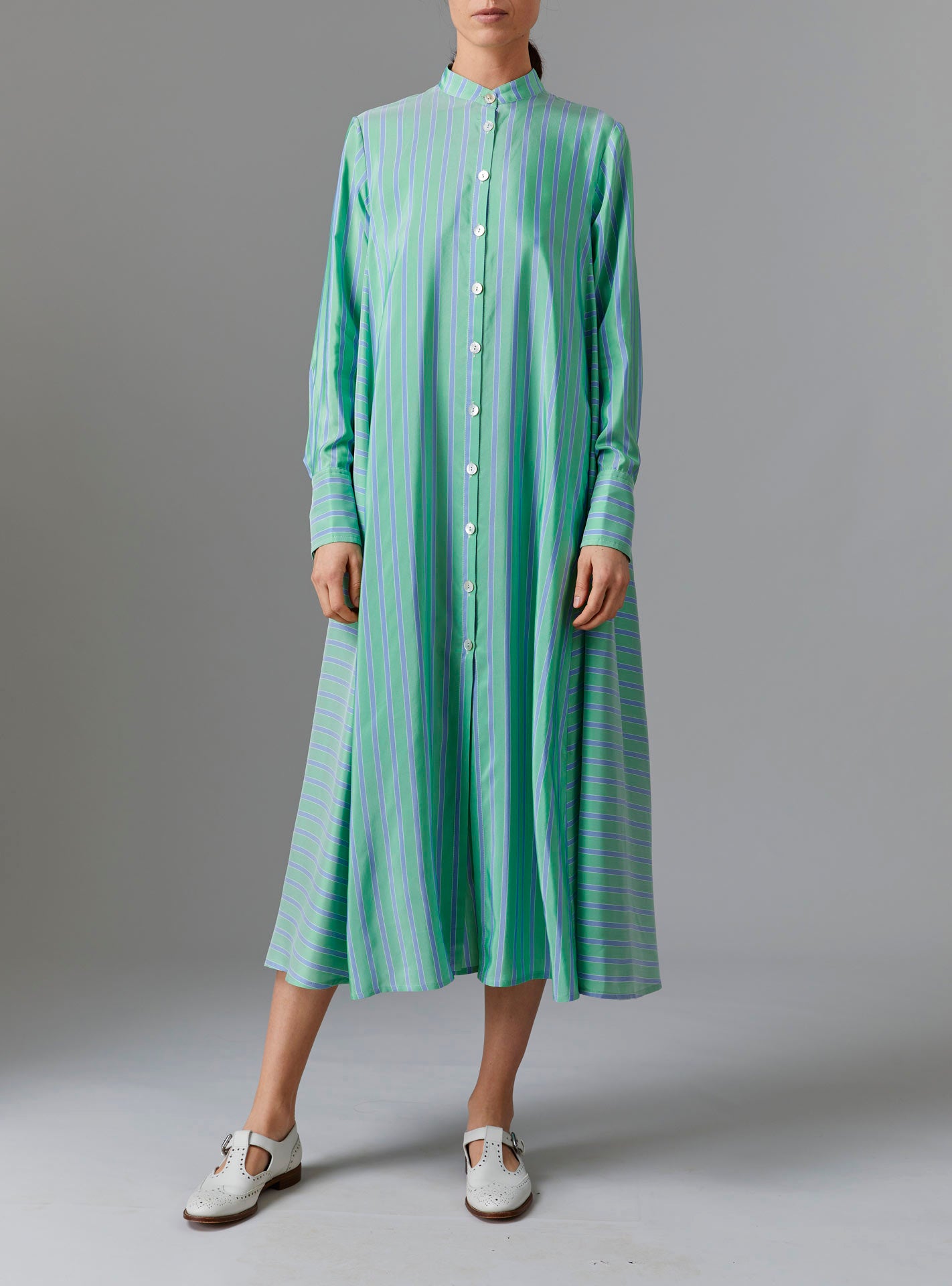 Front view of Alla Dress - Silk Road Stripes - Green / Blue by Thierry Colson