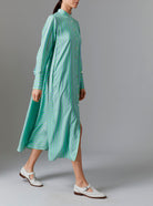 Side view of Alla Dress - Silk Road Stripes - Green / Blue by Thierry Colson