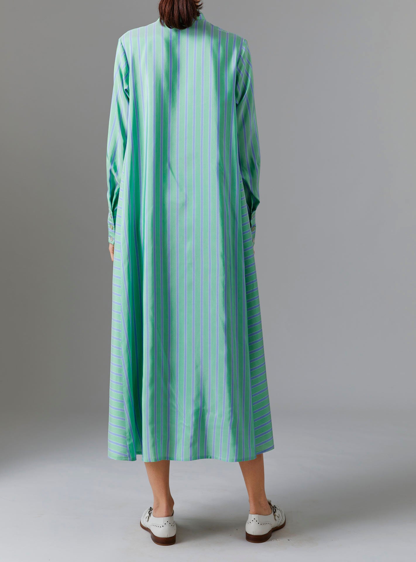 Back view of Alla Dress - Silk Road Stripes - Green / Blue by Thierry Colson