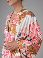 Detail of Almudena kaftan kimono dress in Garden of Eden print by Thierry Colson for Pre Spring 25