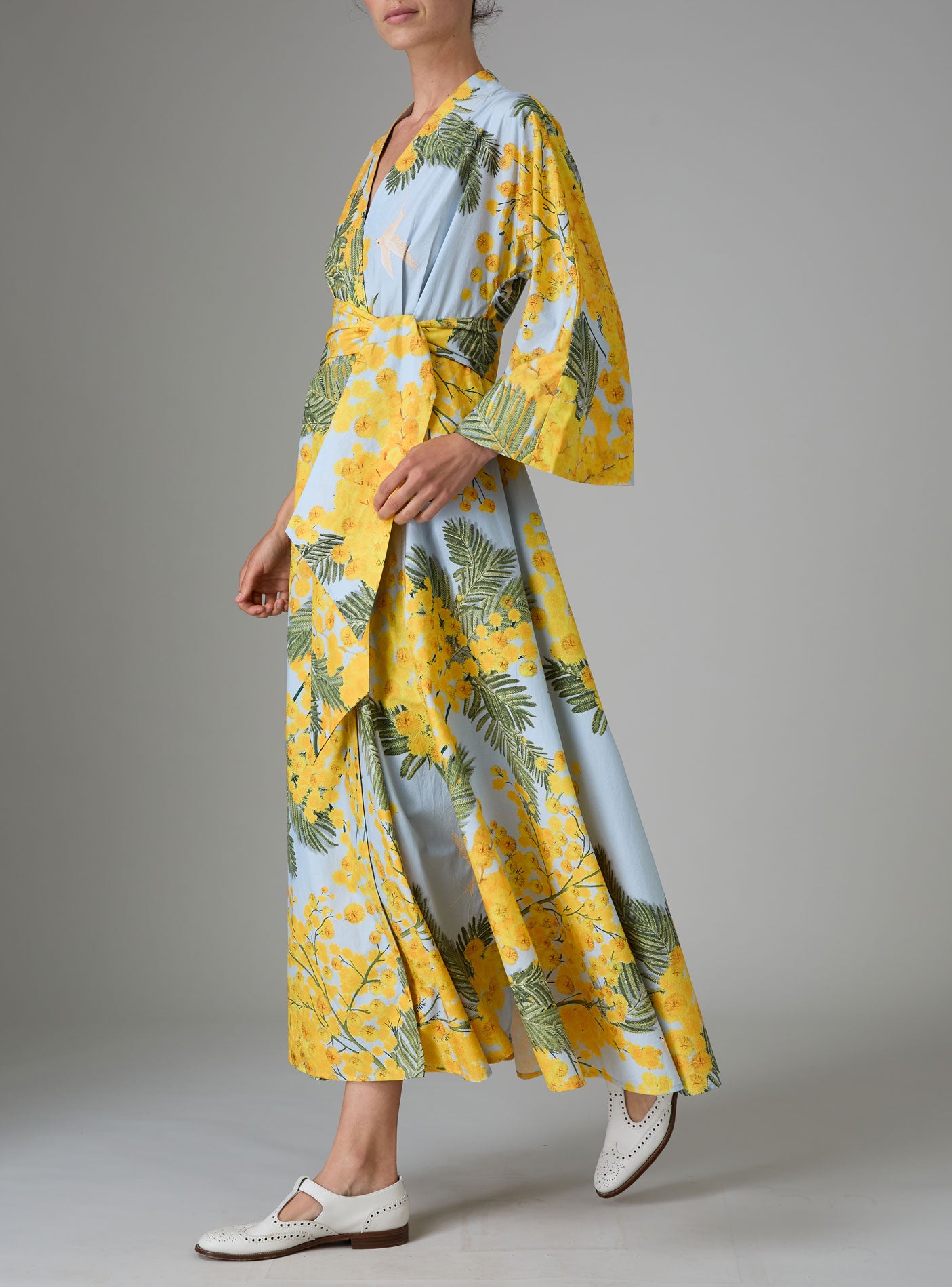 Almudena kaftan kimono dress - Yellow / Storm Blue by