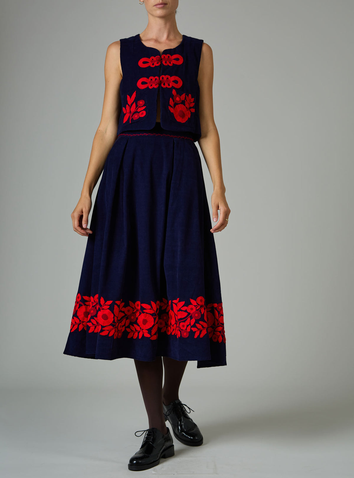 Wynona Skirt - Balkanic Embroidery -Navy & red