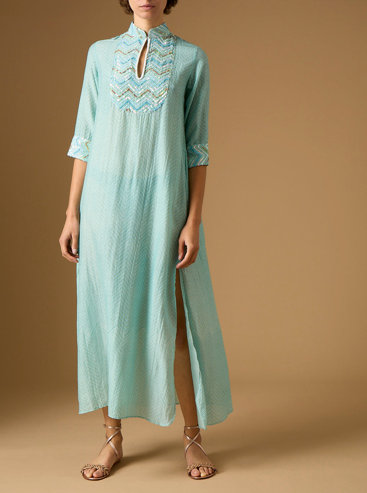Angelica Glitter Zig-zag Embroidery Mint Stand-Up Collar Long Dress by Thierry Colson