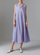 Front view of Apolonia Kaftan - Heaven Blue/Pink Silk Road Stripes I Thierry Colson