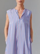 Close up front view of Apolonia Kaftan - Heaven Blue/Pink Silk Road Stripes I Thierry Colson