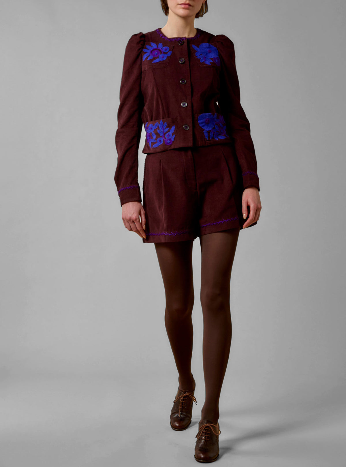 Arabella Jacket - Balkanic Embroidery - Chocolate / Cobalt & Purple