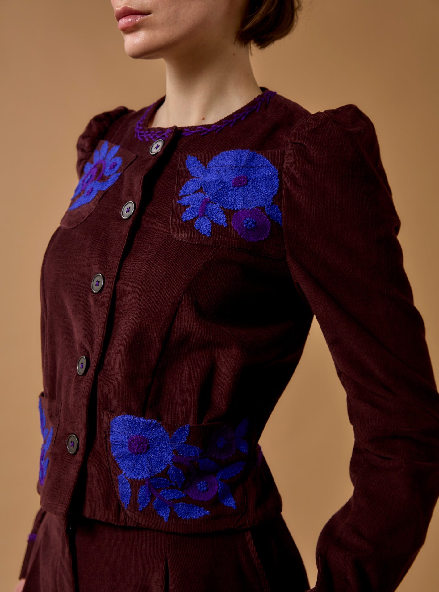 Chocalate  Jacket - Arabella by Thierry Colson - Wool embroidered cotton corduroy