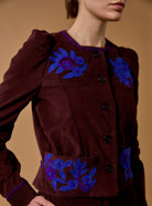 Chocalate  Jacket - Arabella by Thierry Colson - Cobalt & purple Wool embroidered cotton corduroy