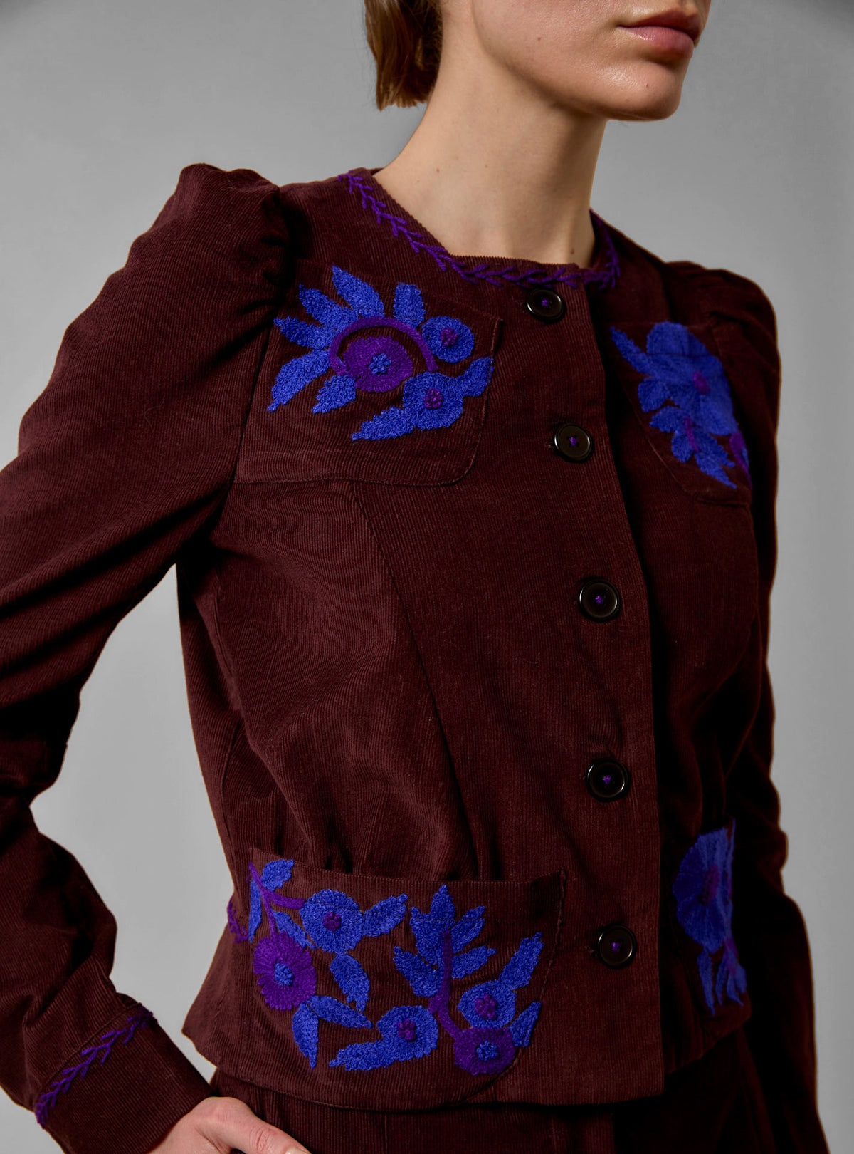 Arabella Jacket - Balkanic Embroidery - Chocolate / Cobalt & Purple