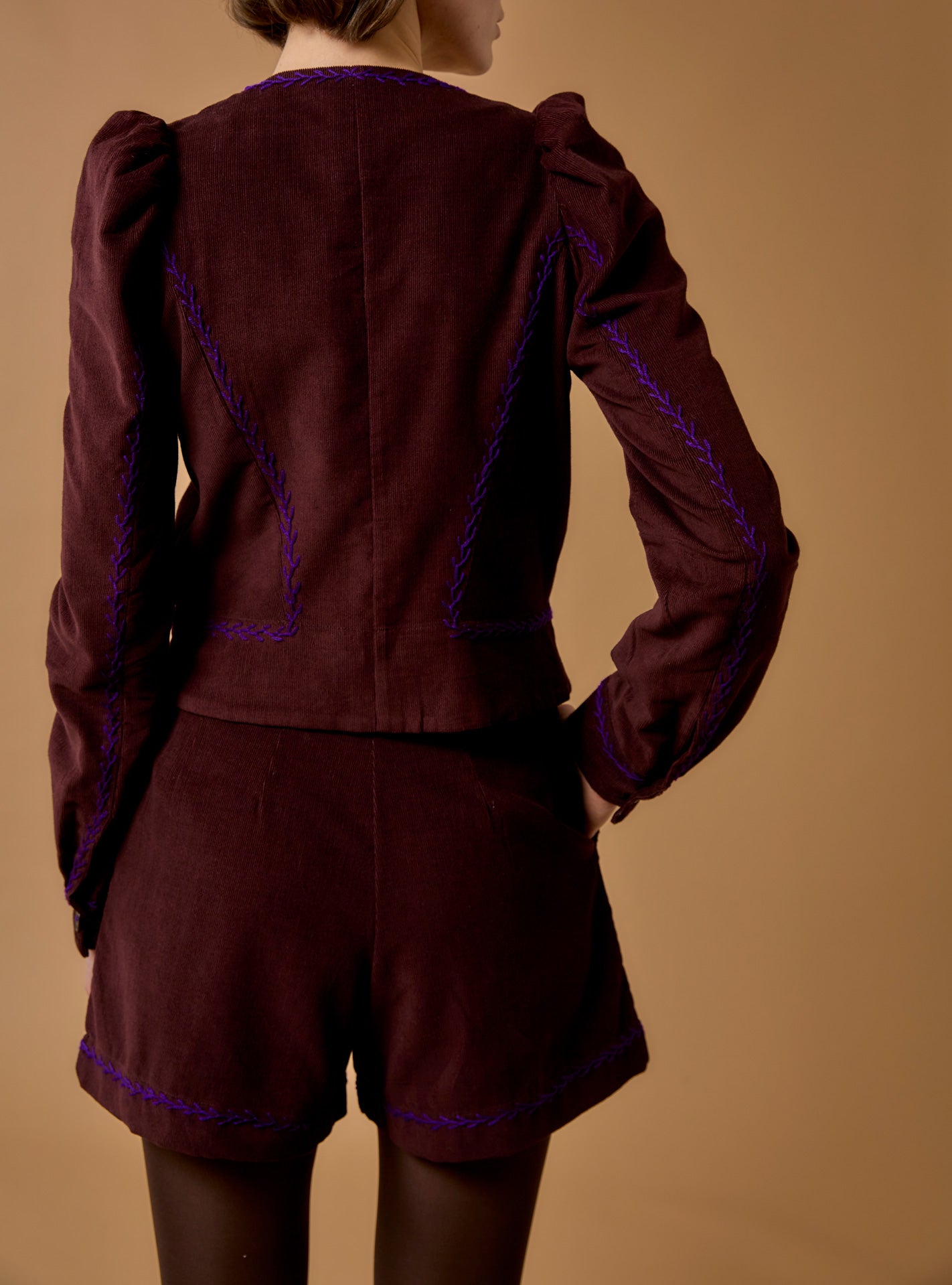Chocalate  cotton corduroy Jacket & Short - Arabella & Kenya  by Thierry Colson - Wool embroidered - Back view