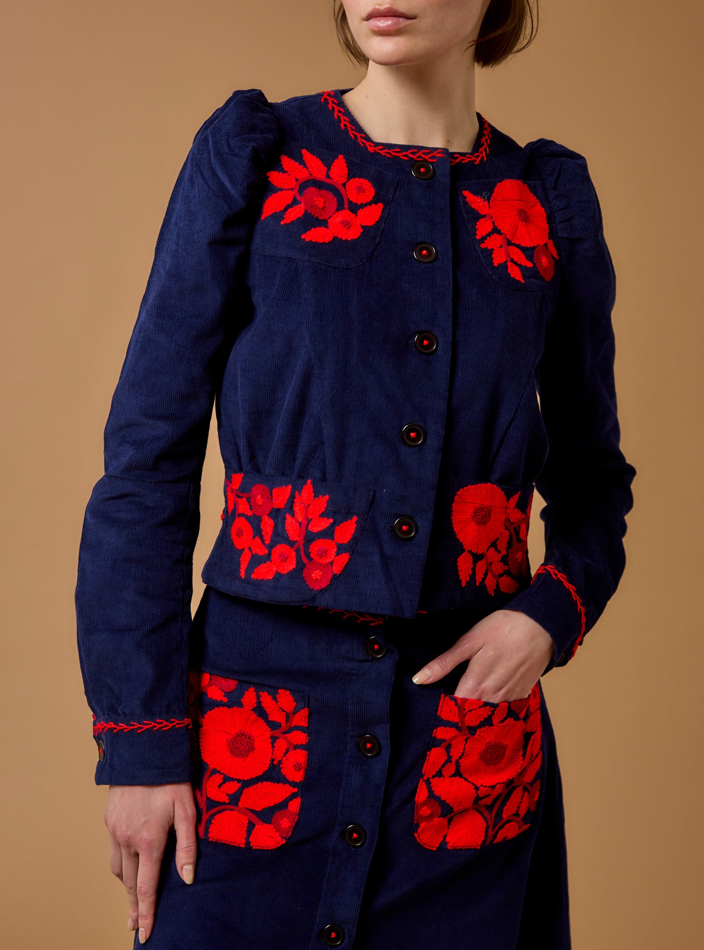 Thierry Colson Arabella Jacket - Embroidered Corduroy - Navy Red - Fall 2023