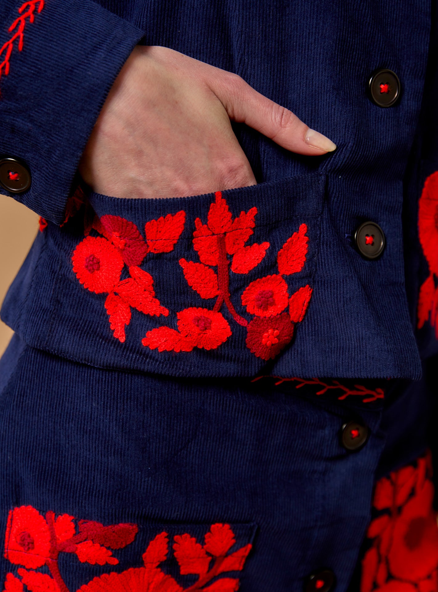Thierry Colson Arabella Jacket - Embroidered Corduroy - Navy Red - Fall 2023 detail