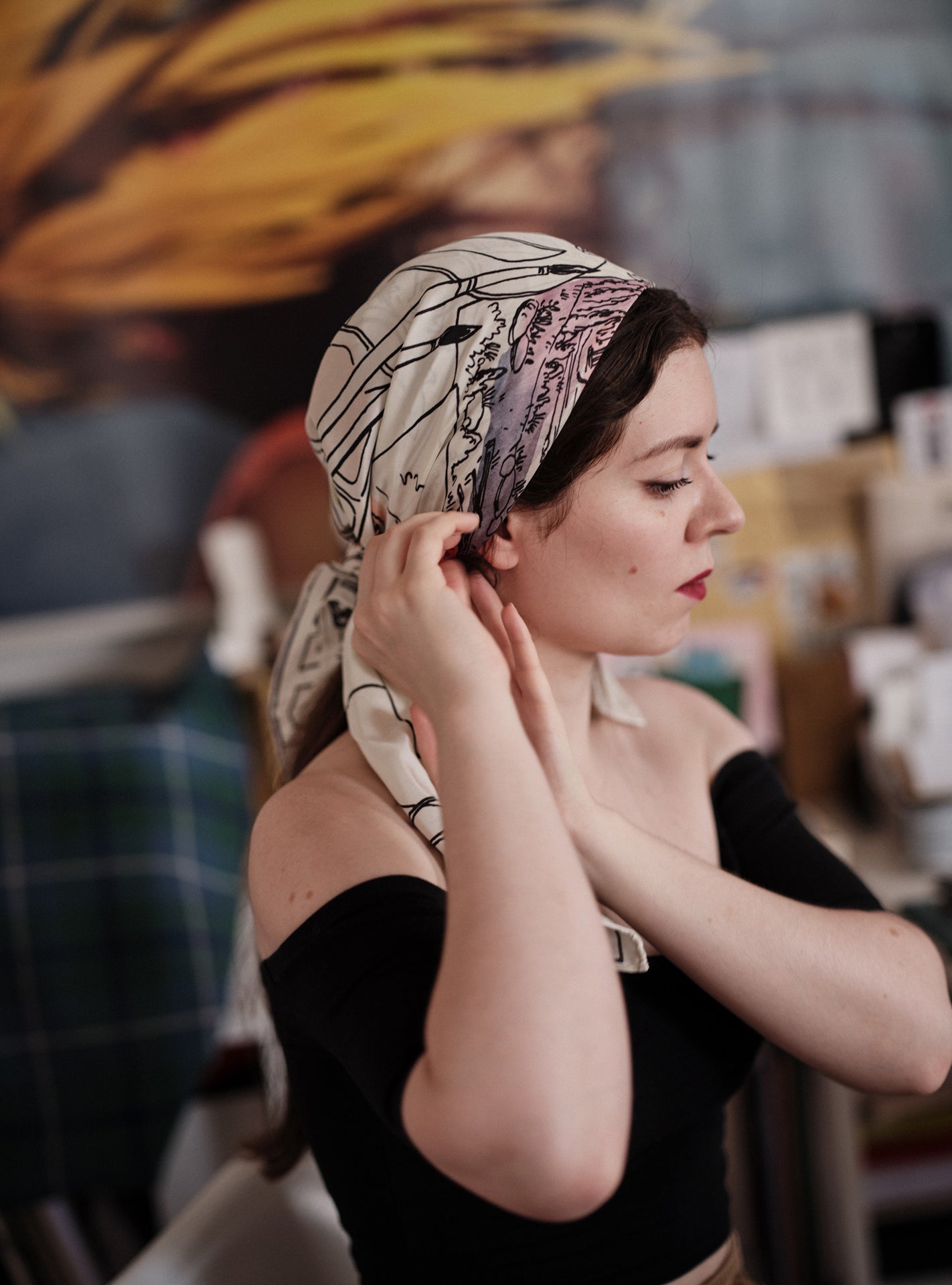 Sacha with the Scarf made in collaboration with Thierry Colson, photographed in her studio by Stéphane Gautronneau 