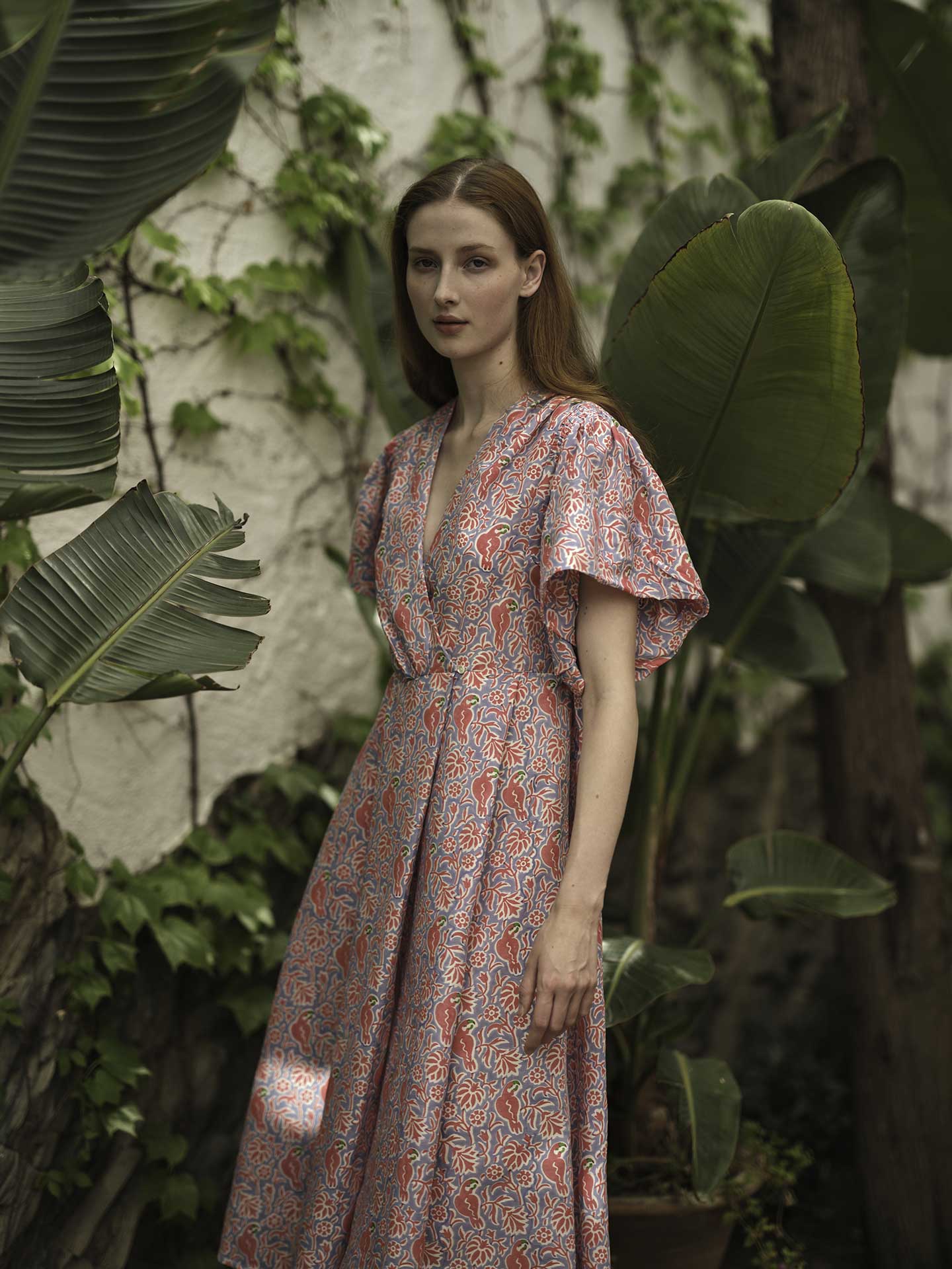 Marieke Blue Grey / Watermelon Parrot Print Midi Dress by