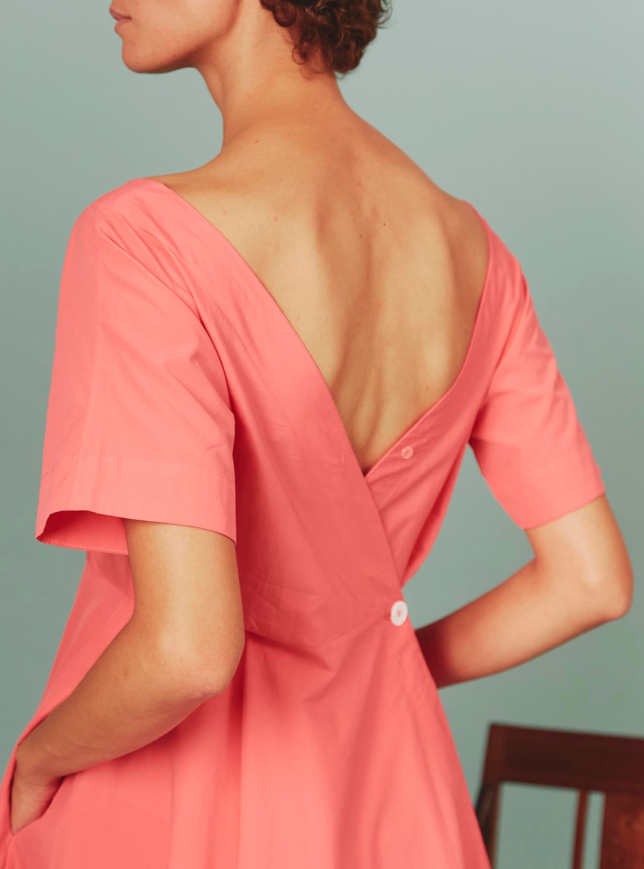 Back detail of Allegria Dress: Matisse Plain Poplin in Watermelon by Thierry Colson
