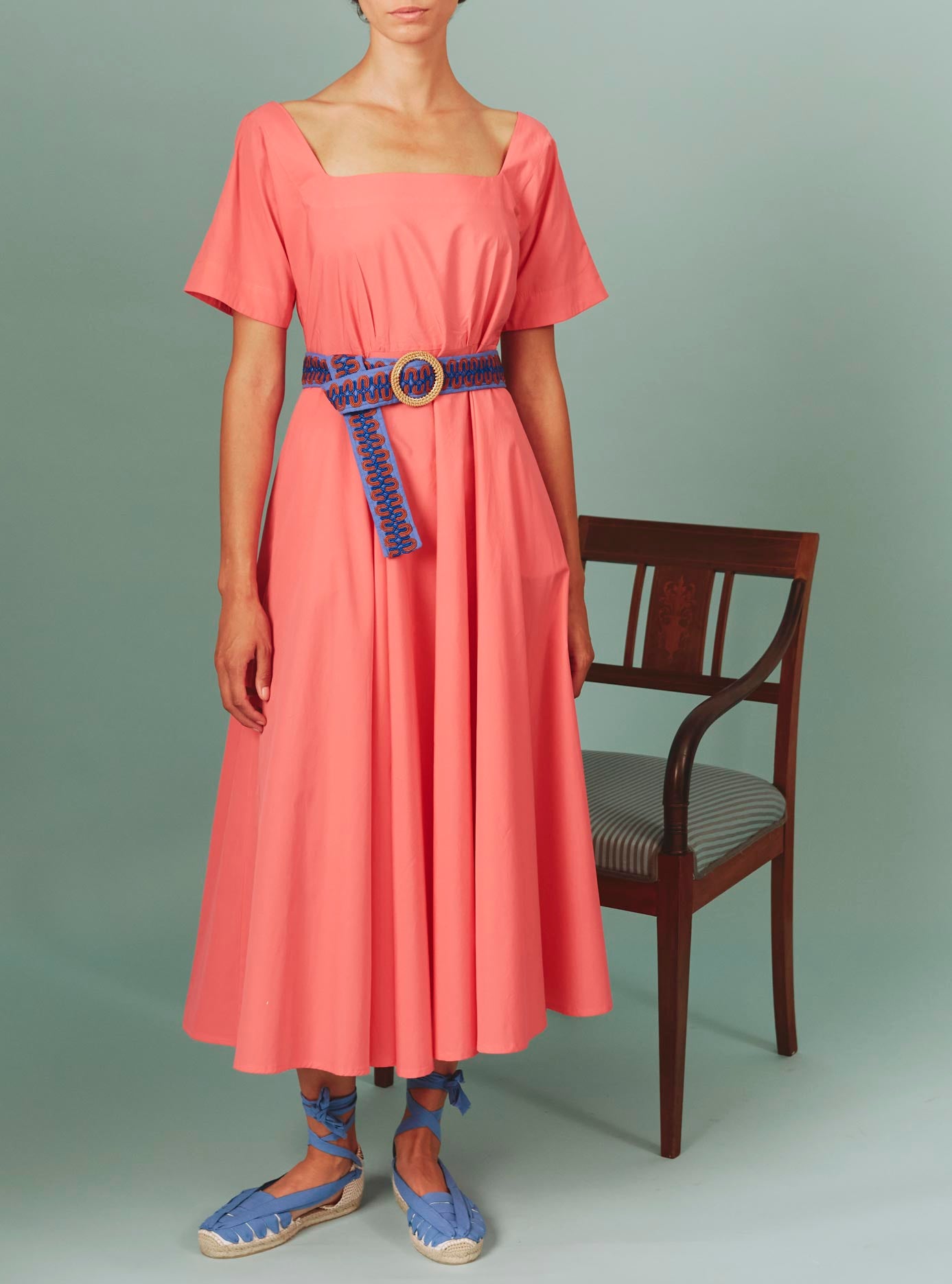 Front view with belt of Allegria Dress: Matisse Plain Poplin in Watermelon by Thierry Colson