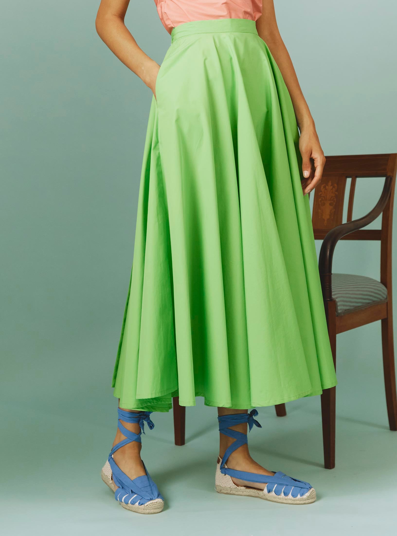 Close-up of Audrey Skirt: Matisse Plain Poplin in Green by Thierry Colson