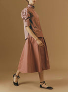 Side View Vita luxury cotton rosewood Blouse and Wynona skirt by Thierry Colson