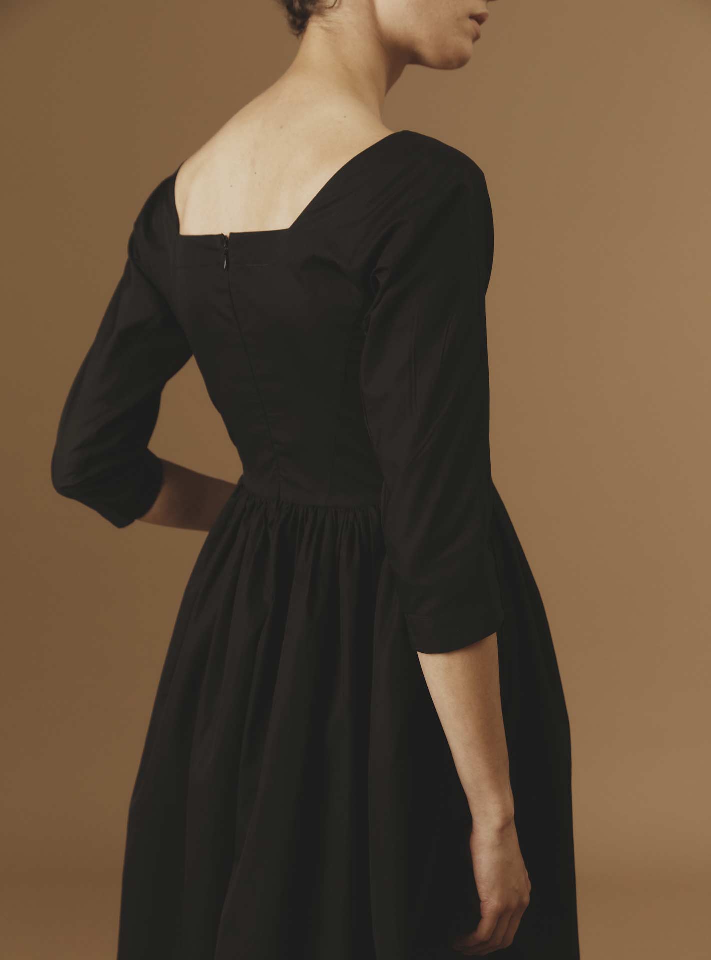 Close-up back view - Amalia Black luxury cotton Dress by Thierry Colson