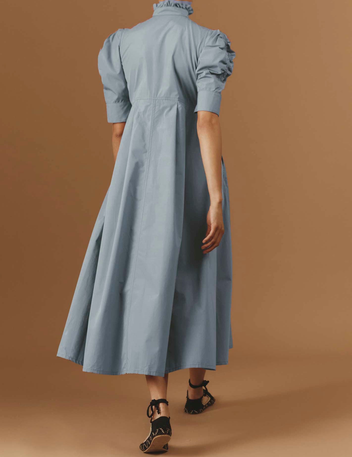 Back view of Venetia Luxury Cotton Blue/Grey Dress by Thierry Colson