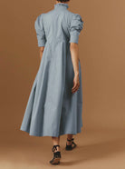 Back view of Venetia Luxury Cotton Blue/Grey Dress by Thierry Colson