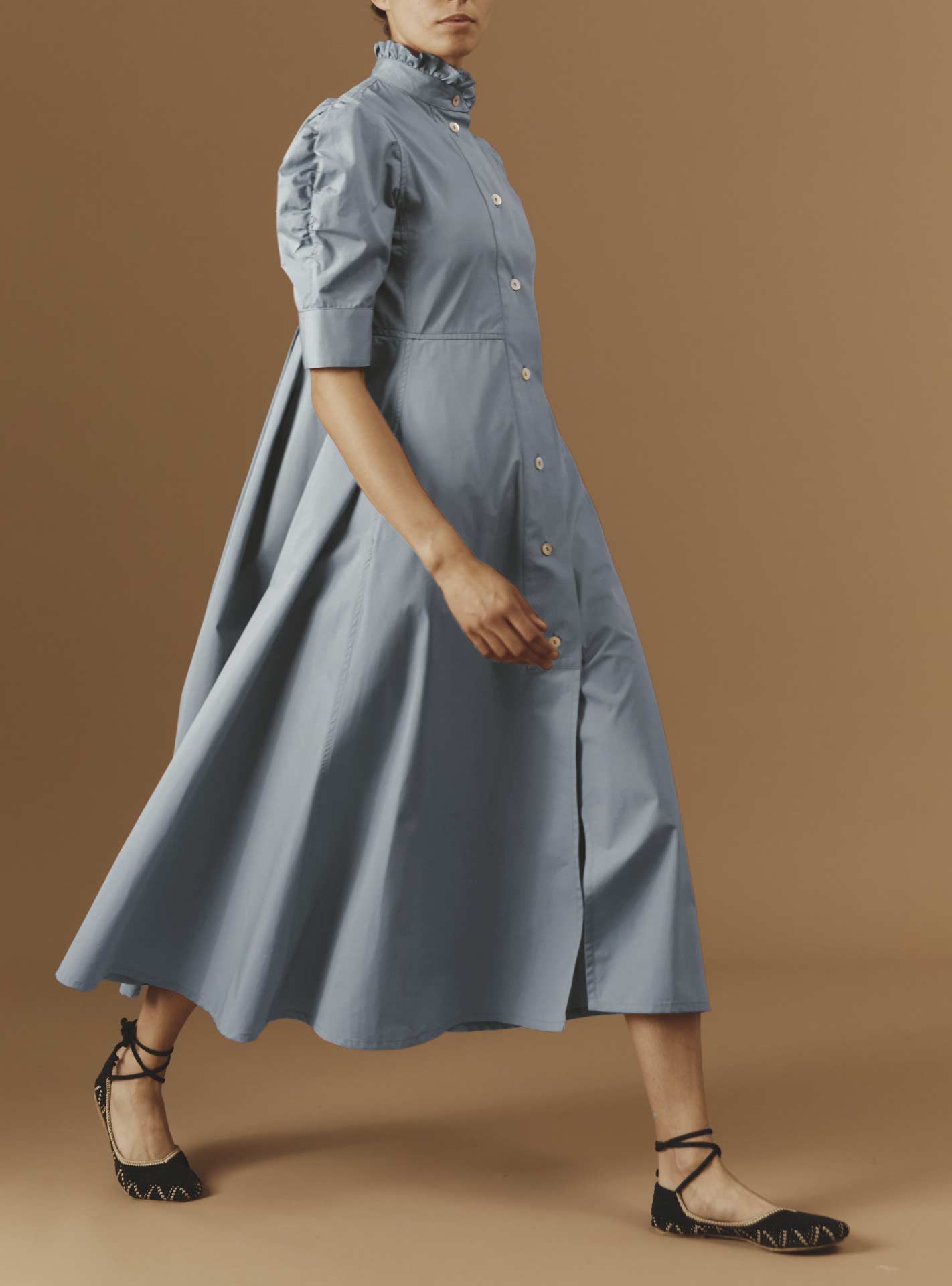 Blue Grey Plain Poplin dress - Venetia by Thierry Colson