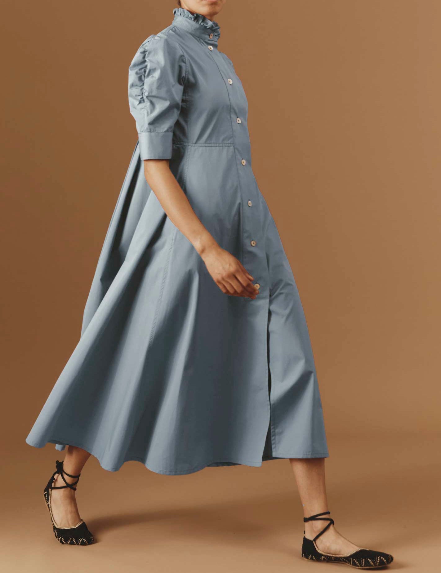Side view of Venetia Luxury Cotton Blue/Grey Dress by Thierry Colson