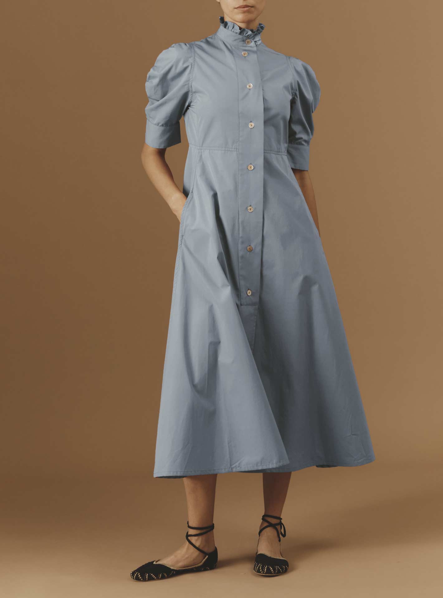 Front view of Venetia Luxury Cotton Blue/Grey Dress by Thierry Colson