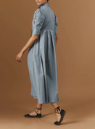 Back side view of Venetia Luxury Cotton Blue/Grey Dress by Thierry Colson