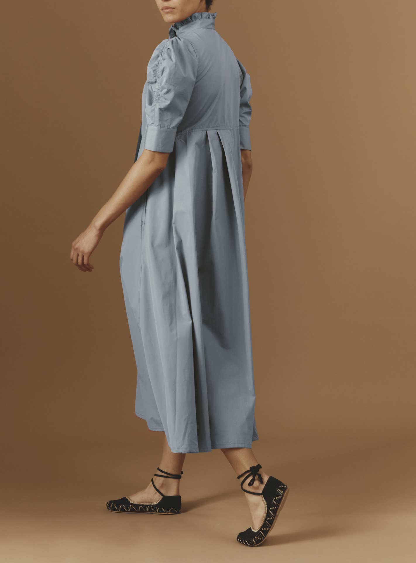 Back side view of Venetia Luxury Cotton Blue/Grey Dress by Thierry Colson