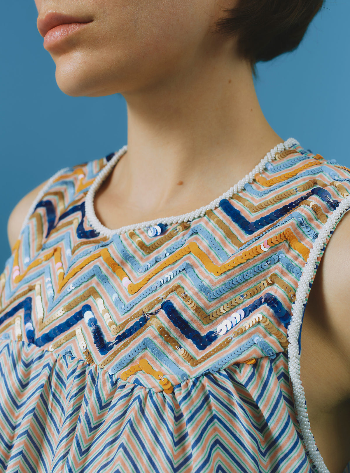 Zuned Top - Glitter Zig-zag Embroidery - Blue / Coral