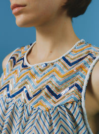 Zuned Top - Glitter Zig-zag Embroidery - Blue / Coral