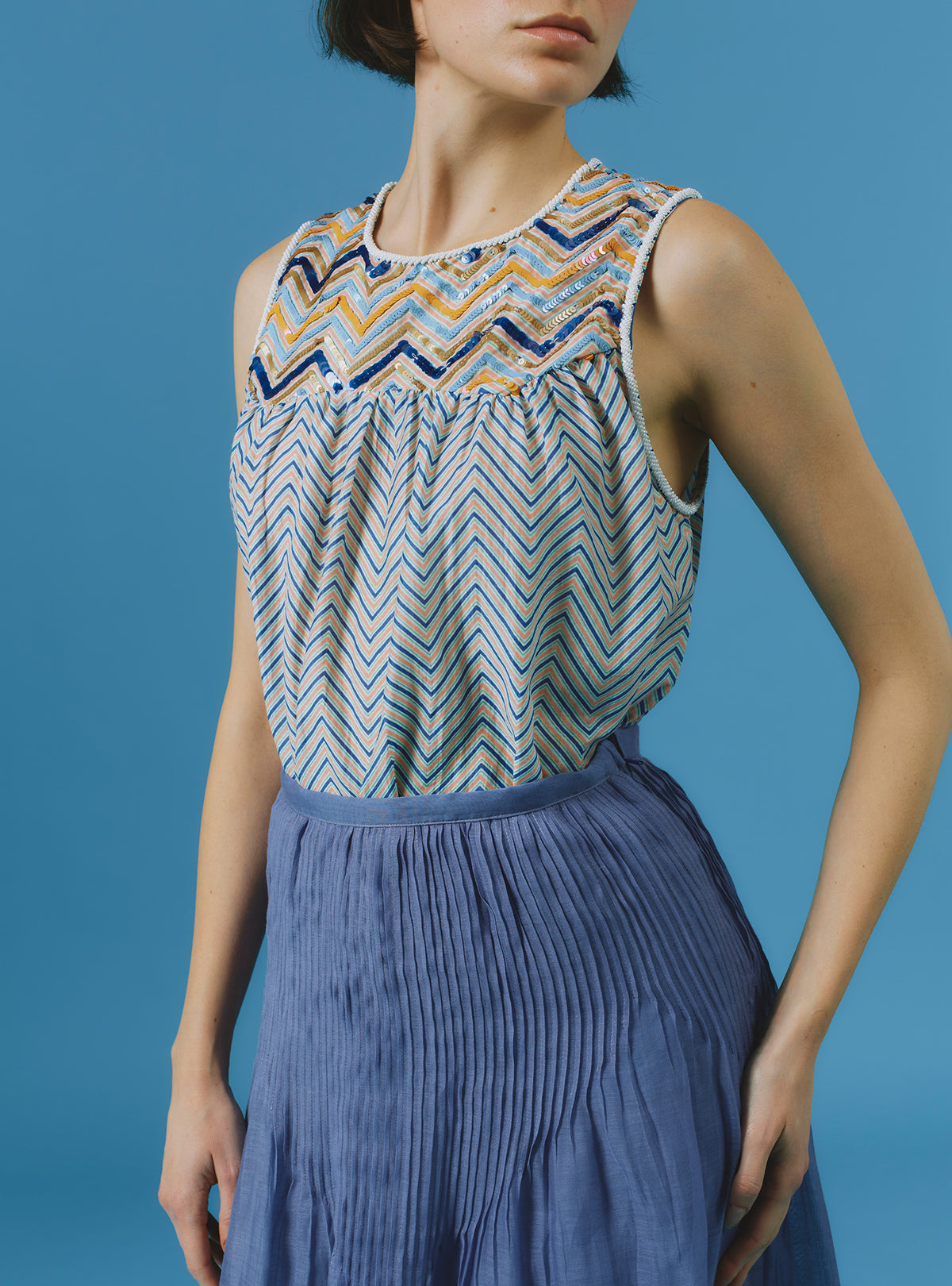 Zuned Top - Glitter Zig-zag Embroidery - Blue / Coral