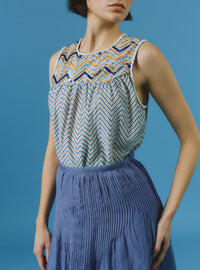 Zuned Top - Glitter Zig-zag Embroidery - Blue / Coral