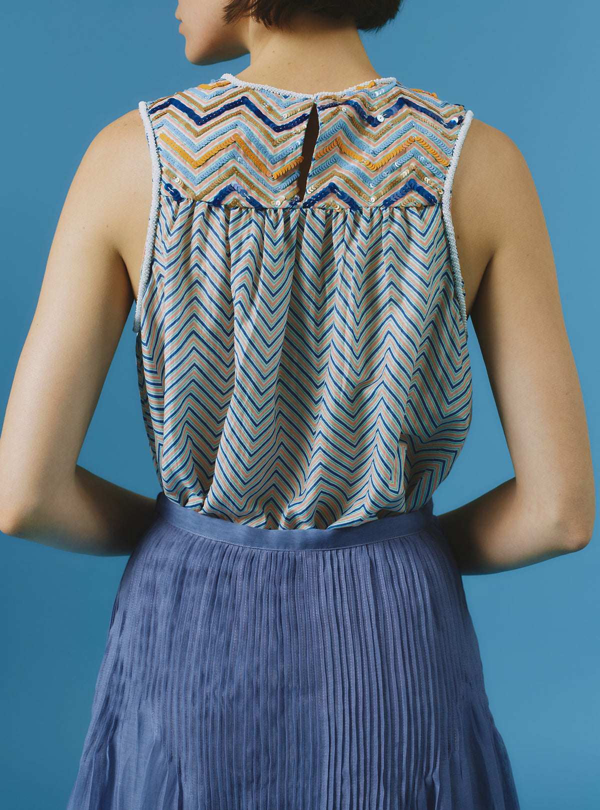 Zuned Top - Glitter Zig-zag Embroidery - Blue / Coral