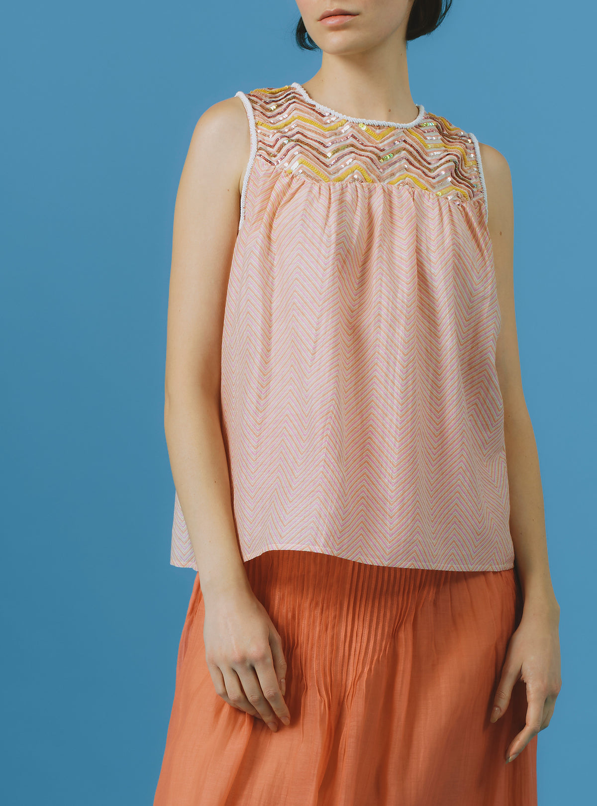 Zuned Top - Glitter Zig-zag Embroidery - Pink