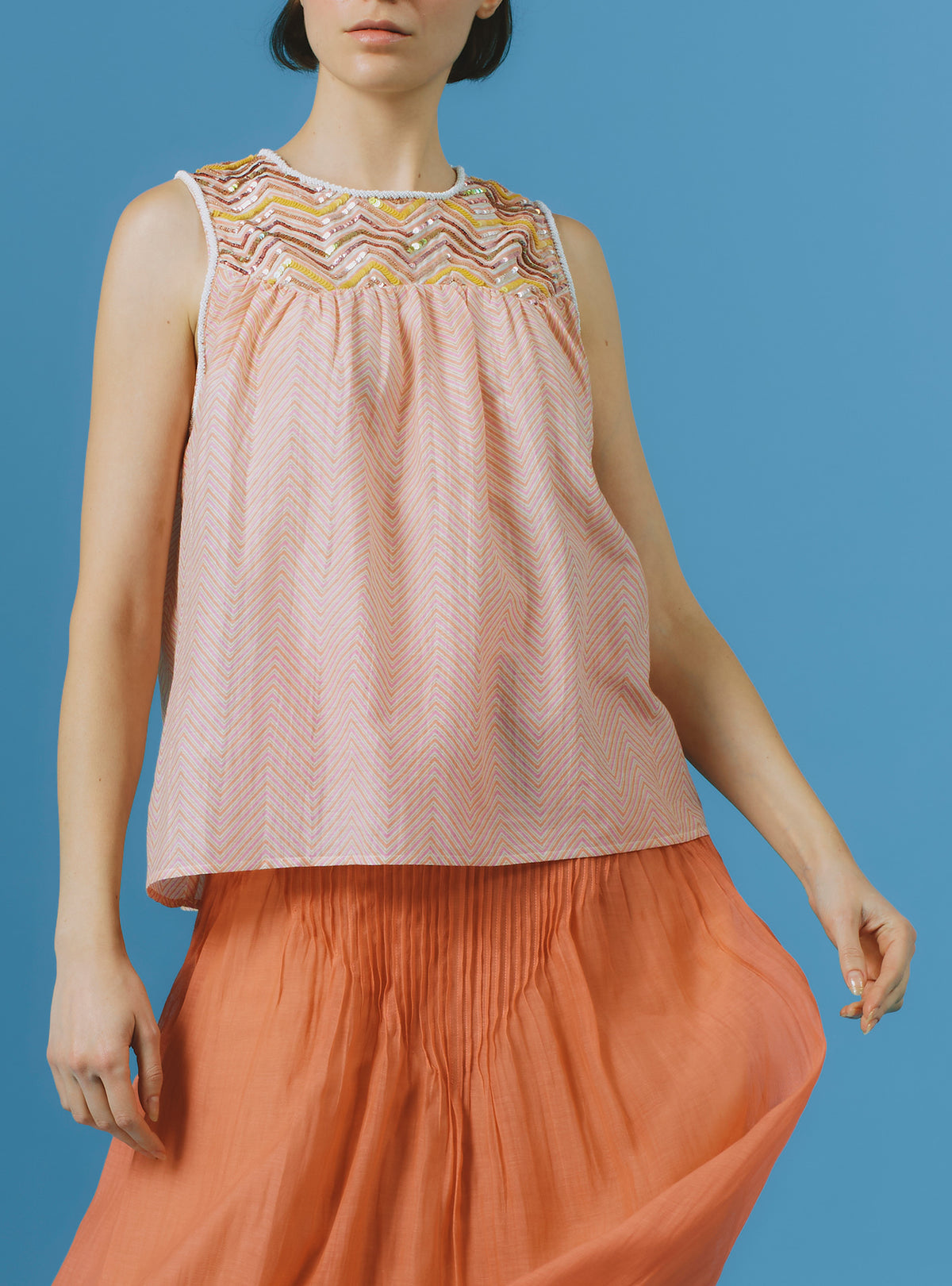 Zuned Top - Glitter Zig-zag Embroidery - Pink