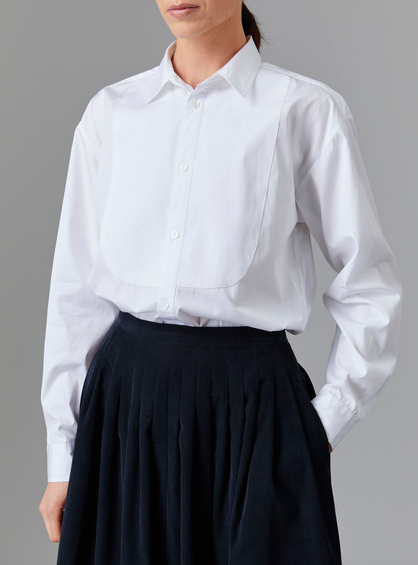 Front view of Barth Men Shirt - Off White Poplin Topstitching with Zazou skirt by Thierry Colson