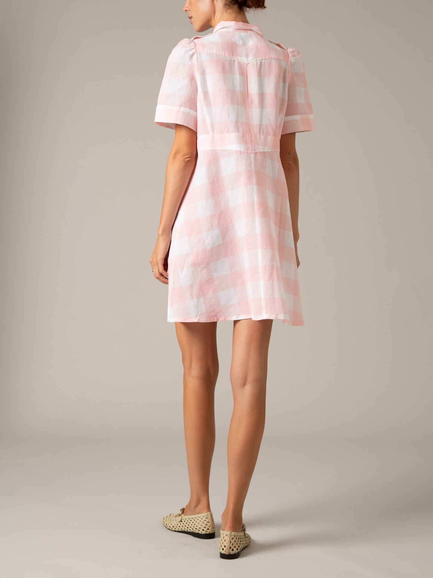 Back view of Boa Mini Dress in Pink Vichy by Thierry Colson – Linen Summer Dress