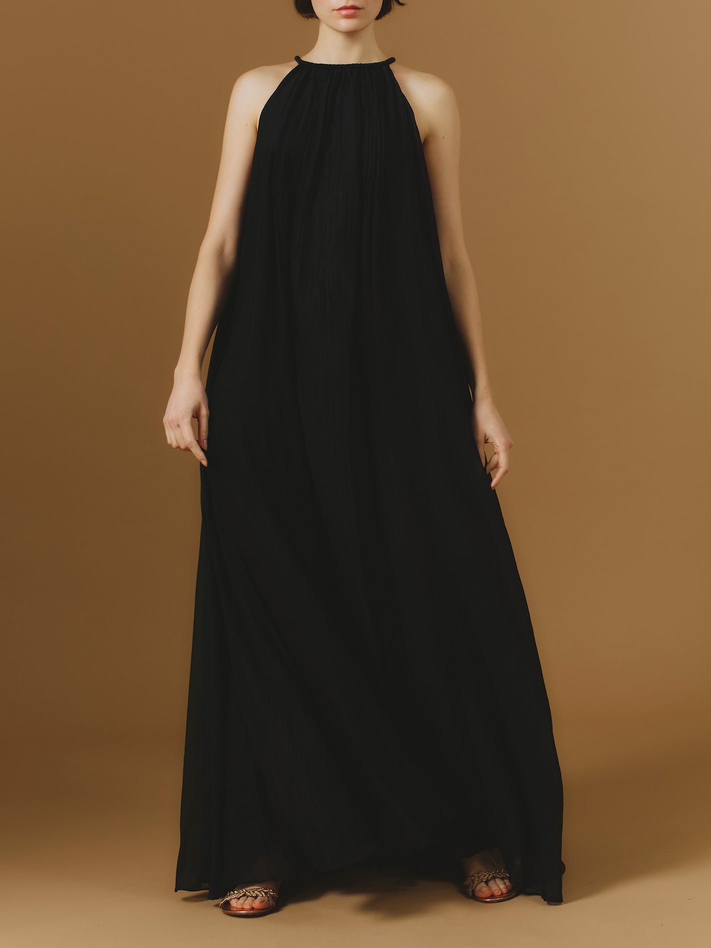 Front view of Zenith Chanderi Appliqué Black Long Dress by Thierry Colson