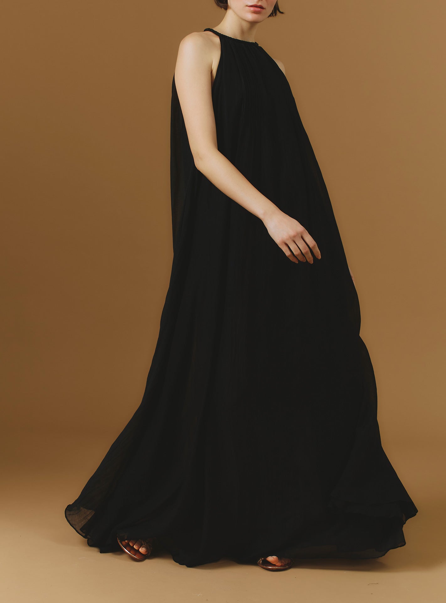 Zenith Chanderi Appliqué Black Long Dress by Thierry Colson